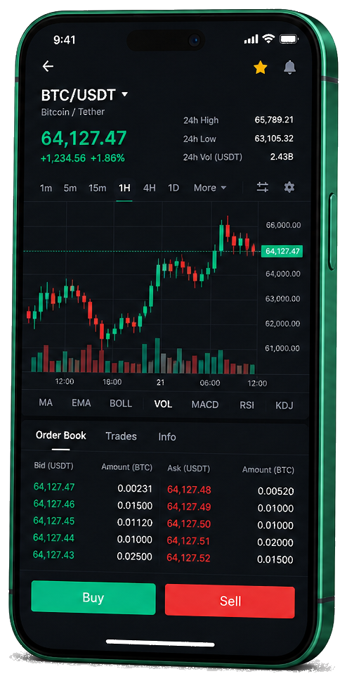 Piattaforma Ventorix su dispositivi mobili — grafico BTC/USDT live, book ordini e pannello acquisti/vendite